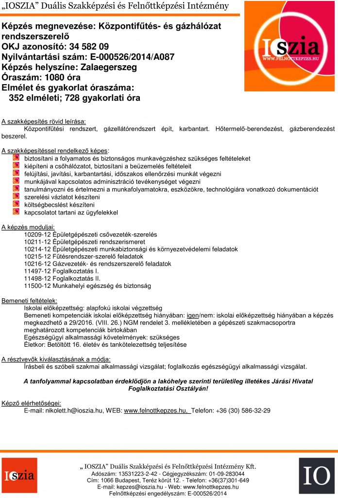Központifűtés- és gázhálózat rendszerszerelő OKJ - Zalaegerszeg - felnottkepzes.hu - Felnőttképzés - IOSZIA